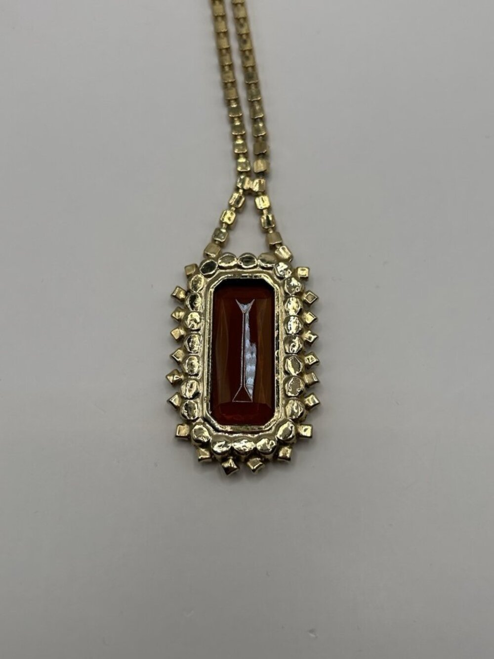 Vintage Statement Brown Glass Rhinestone Pendant Necklace Gold Tone Glam Style - Picture 11 of 16